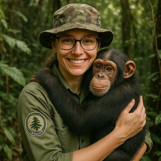 Guardabosques con chimpancé